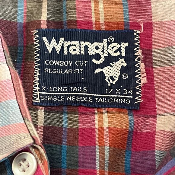 Vtg 90s WRANGLER Mens Pearl Snap L 17-34 Cowboy Cut X-Long Tails Single Needle - Picture 5 of 7